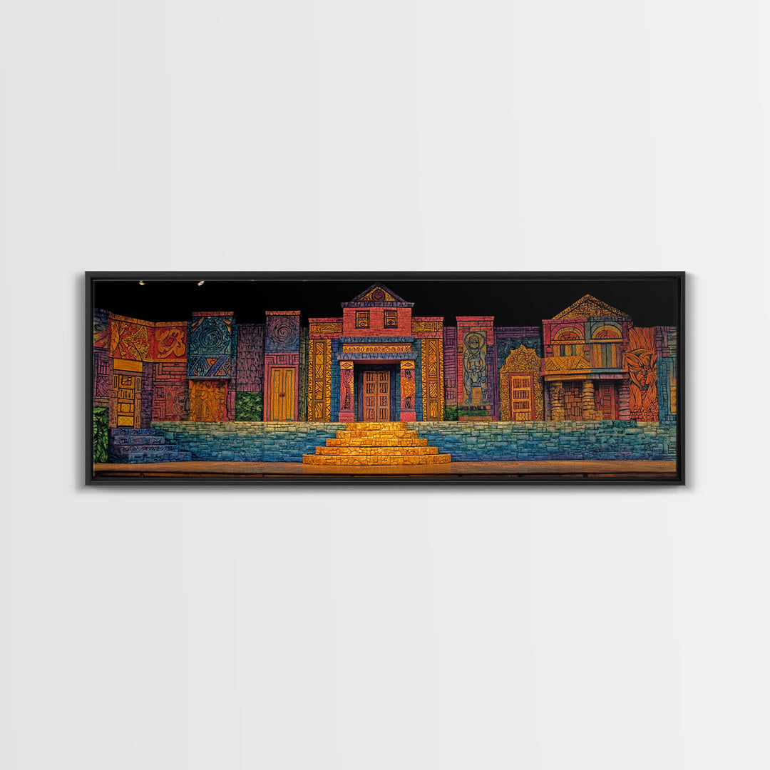 Colorful African Village Night Street Wall Art, Folk Architecture Canvas Print, Afrocentric Home Decor, Vibrant Townscape