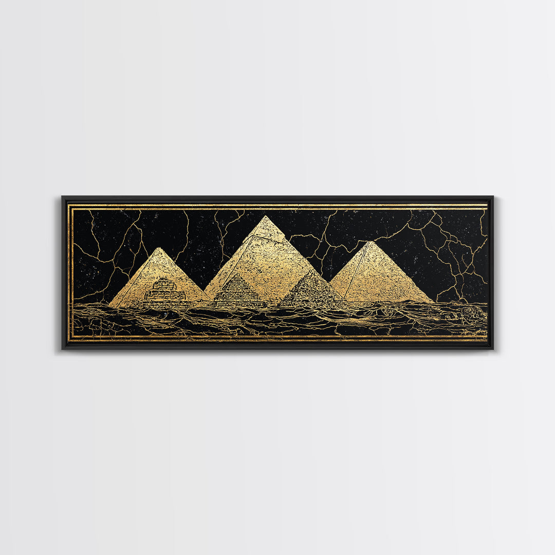 Gold Egyptian Pyramids On Black Wall Art, African Egyptian Art Canvas Print, Ancient Africa Decor, Luxury Abstract Poster