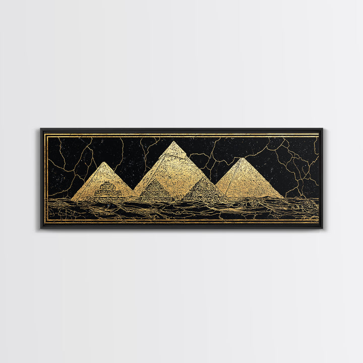 Gold Egyptian Pyramids On Black Wall Art, African Egyptian Art Canvas Print, Ancient Africa Decor, Luxury Abstract Poster