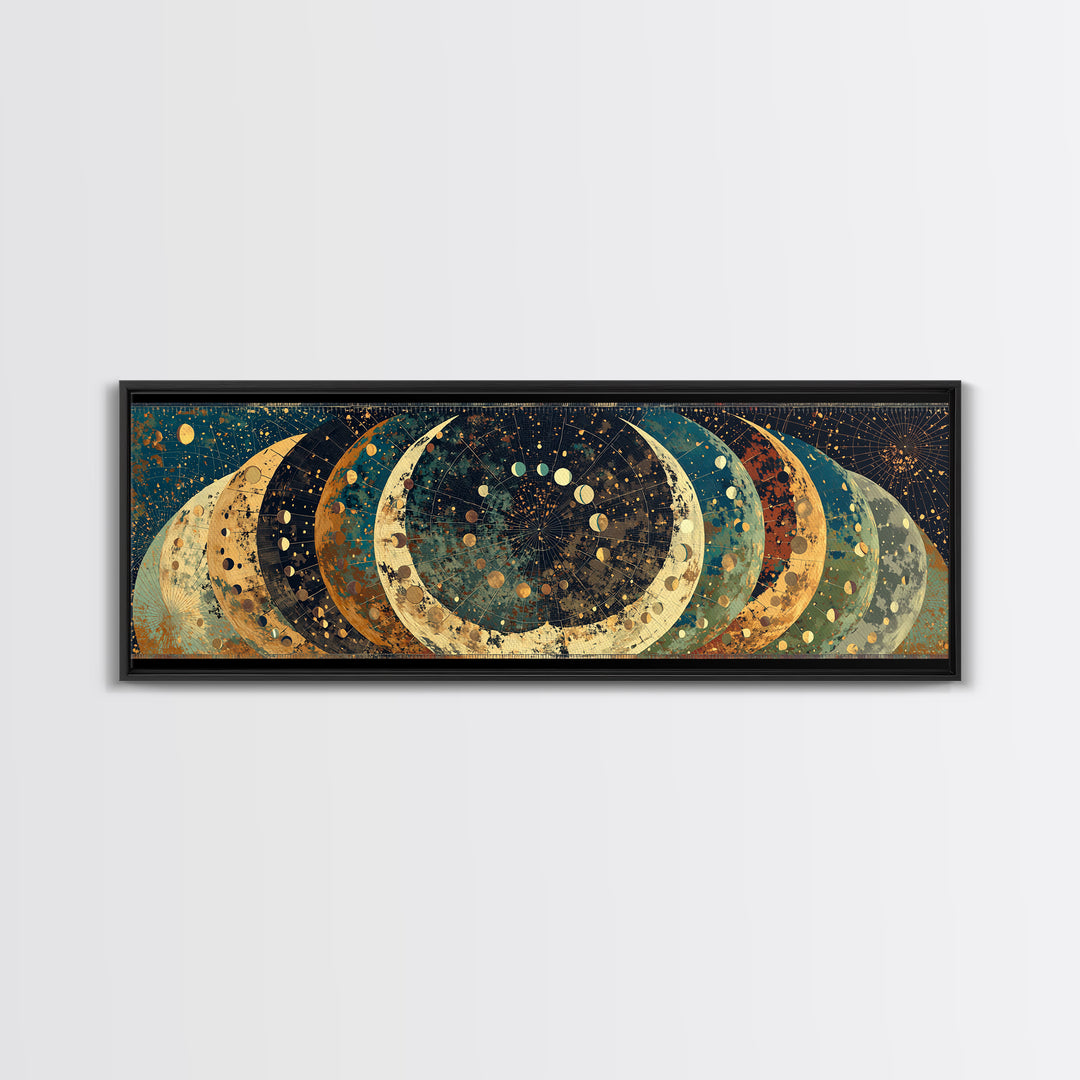 Layered Crescent Moon Abstract Wall Art, Mystical Wall Art, Boho African Inspired Canvas Print, Teal Gold Home Decor Gift