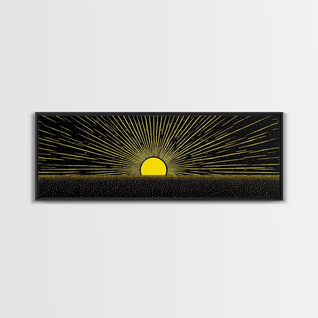 Minimal Golden Sunrise Rays Wall Art, Black And Gold Abstract Landscape, Modern Canvas Decor For Office Or Living Room Gift