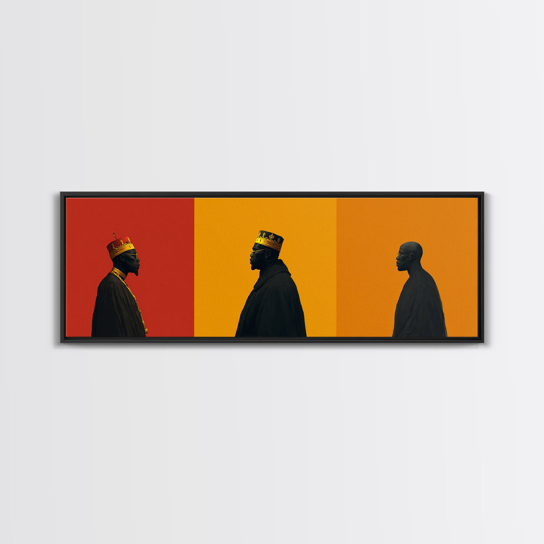 Three African Kings Profile Framed Canvas Print, Royal Black Men Portrait, Afrocentric Wall Decor, Bold Orange Art For Home