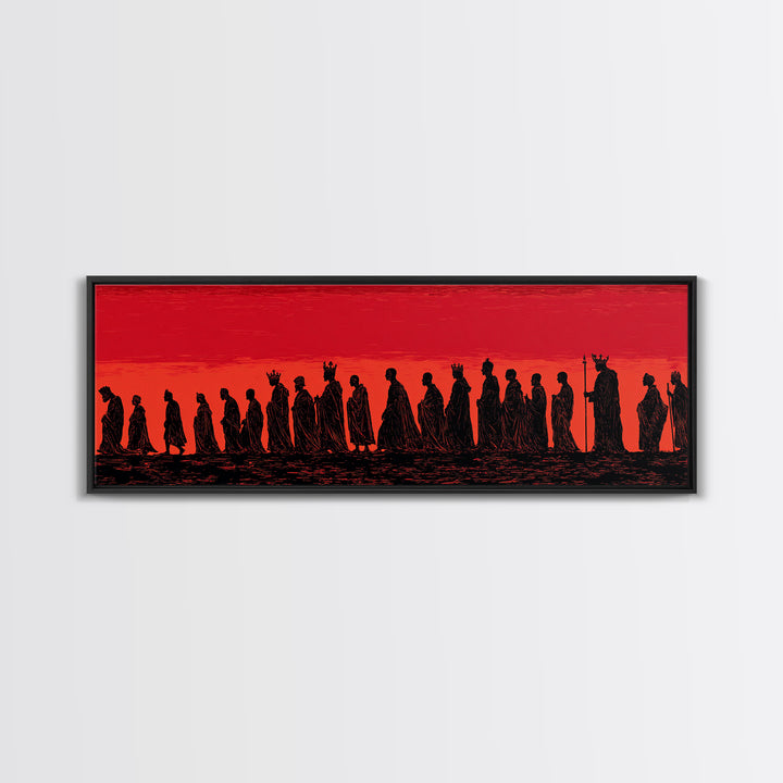 Red Sunset African Procession Wall Art, Tribal Silhouette Landscape, Panoramic Black Culture Home Decor For Living Room Gift