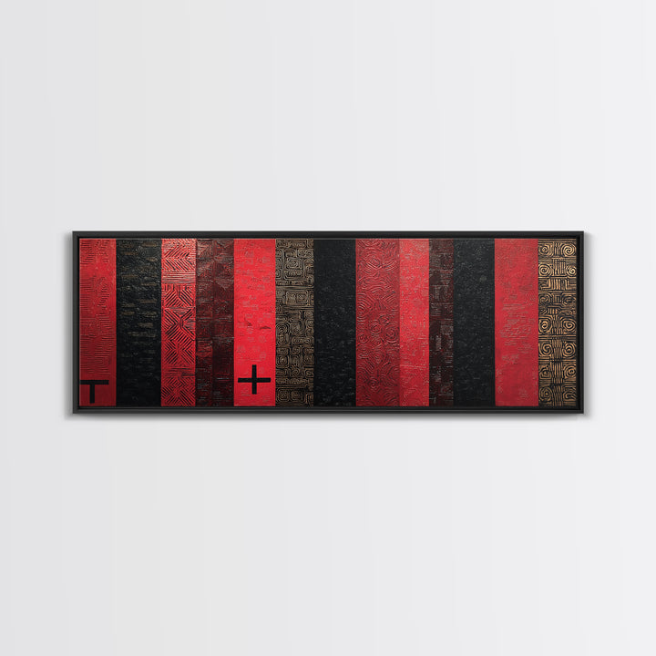 Red Black Gold African Fabric Wall Art, Tribal Textile Pattern Canvas Print, Cultural Geometric Decor For Modern Home Gift