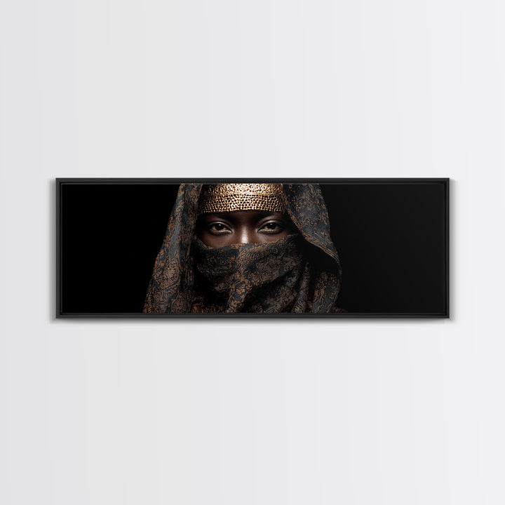Veiled African Queen Canvas Print, Black Woman Portrait, Gold Jewelry Canvas, Afrocentric Wall Decor, Elegant Home Art Gift
