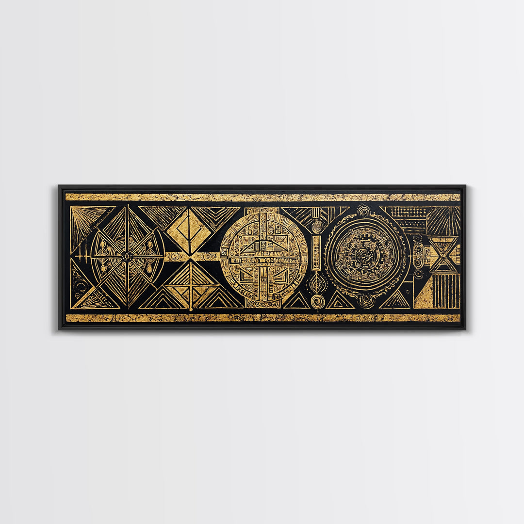 Black Gold Tribal Geometry Wall Art, African Patterns Painting, Kuba Inspired Textile Art, Luxury Canvas Decor For Home Gift