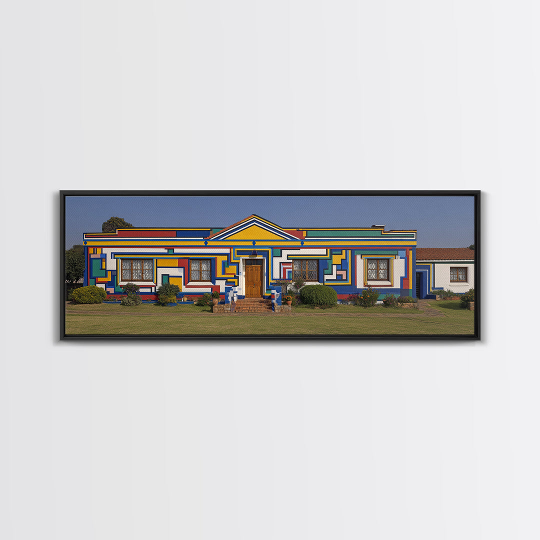Bright Ndebele House Canvas Print, South African Art Decor, Geometric Pattern Facade, Cultural Wall Decor For Living Room