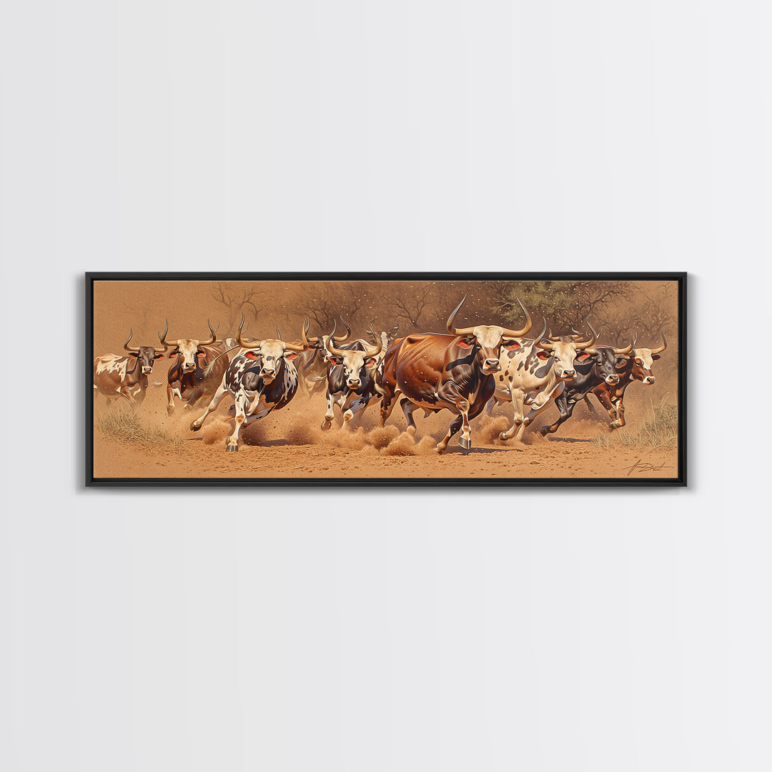 Charging African Cattle Herd Canvas Print, Safari Animal Wall Art, Rustic Ranch Decor, Brown Earth Tone Living Room Art Gift