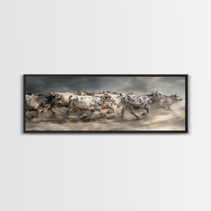 Running Speckled Cattle Wall Art, African Safari Art Print, Neutral Farmhouse Decor, Dramatic Animal Canvas For Home Decor