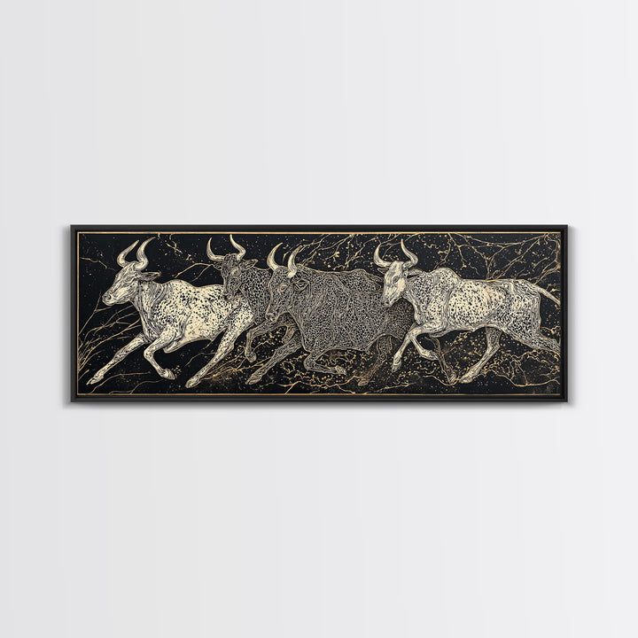 Black And Gold Longhorn Cattle Wall Art, Tribal Animal Print, Rustic Western Decor, Bold Textured Canvas Print For Home Decor