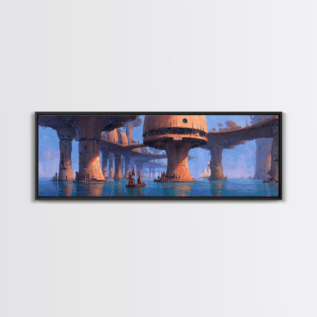 Futuristic Harbor City Canvas Print, Blue Wall Art, Modern Canvas Art, Large Wall Art, Fantasy Landscape Decor, Office Decor