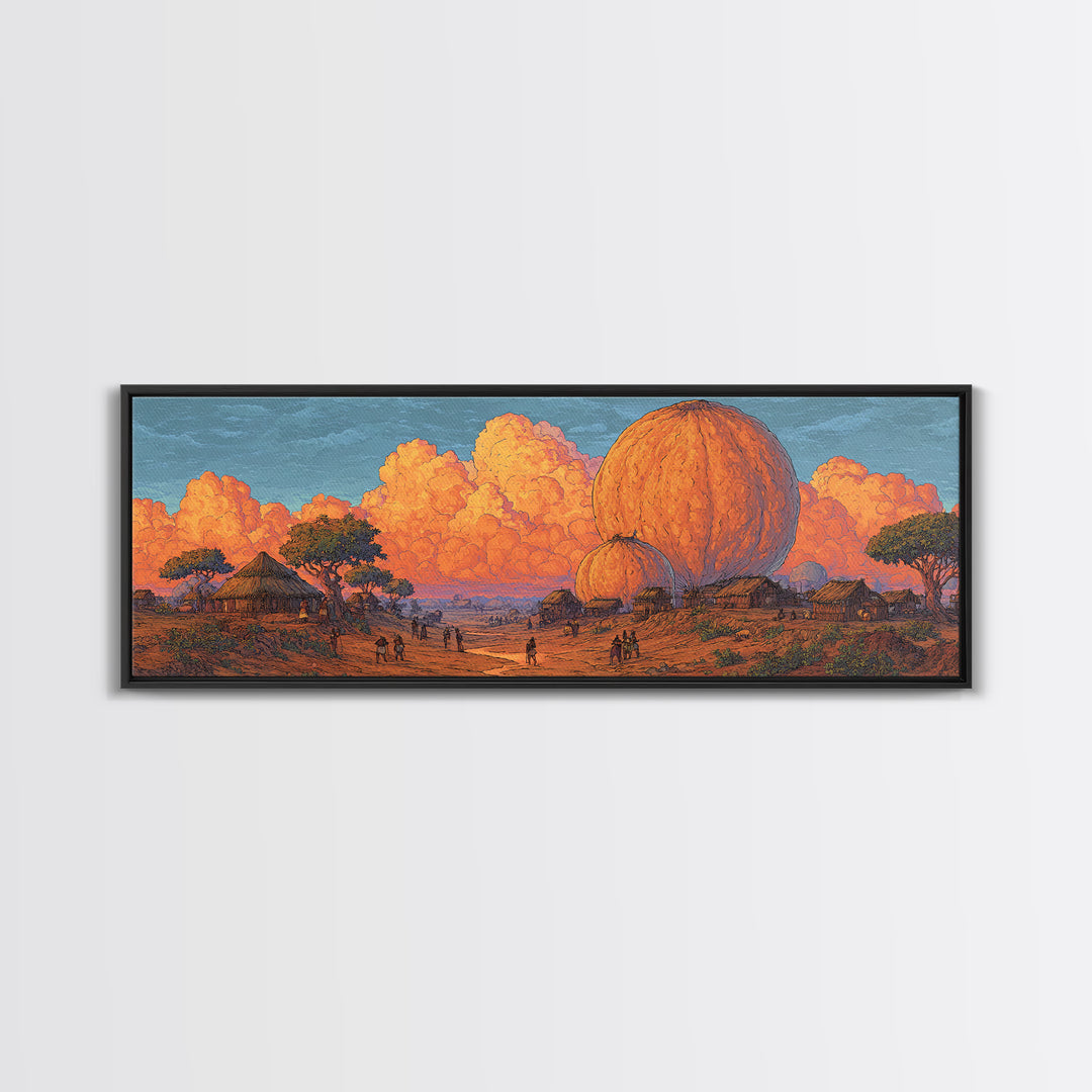 Orange African Savanna Baobab Village Wall Art, Afrocentric Landscape Canvas, Safari Decor, Earth Tone Living Room Print