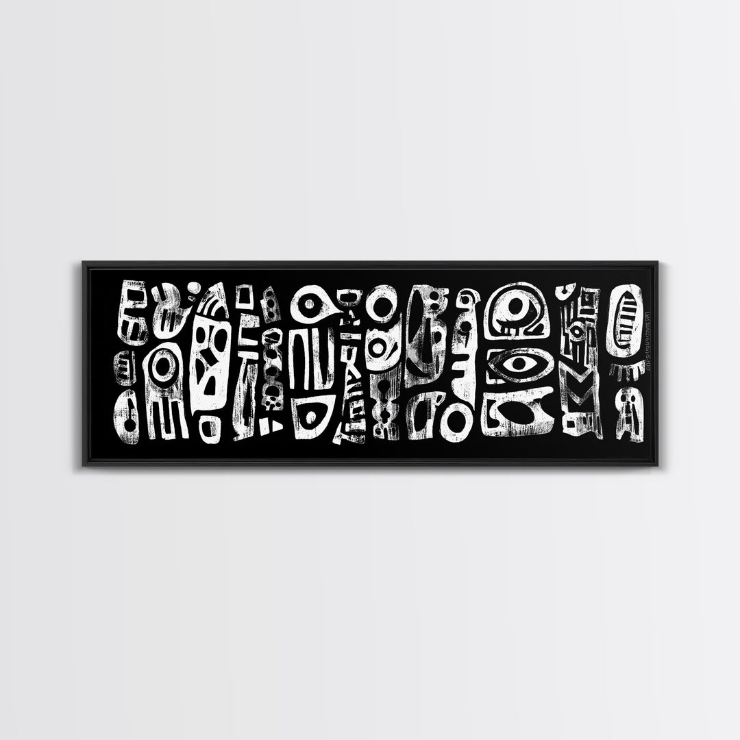 White Abstract African Mask Symbols Canvas Print, Black Tribal Pattern Wall Decor, Afrocentric Modern Art, Ethnic Art Print