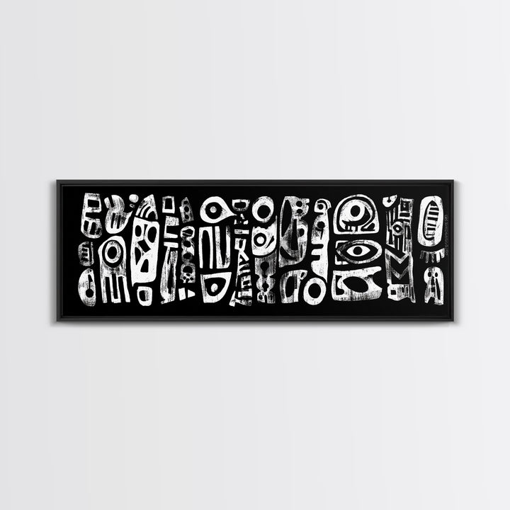 White Abstract African Mask Symbols Canvas Print, Black Tribal Pattern Wall Decor, Afrocentric Modern Art, Ethnic Art Print