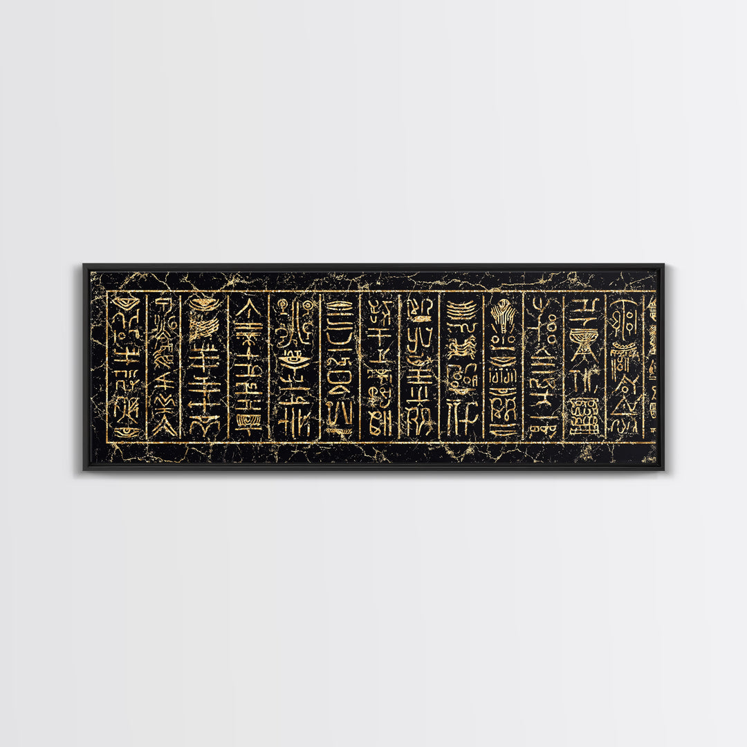Gold Ancient African Hieroglyph Panels Wall Art, Egyptian Tribal Canvas Decor, Black And Gold Cultural Art Print, Home Decor