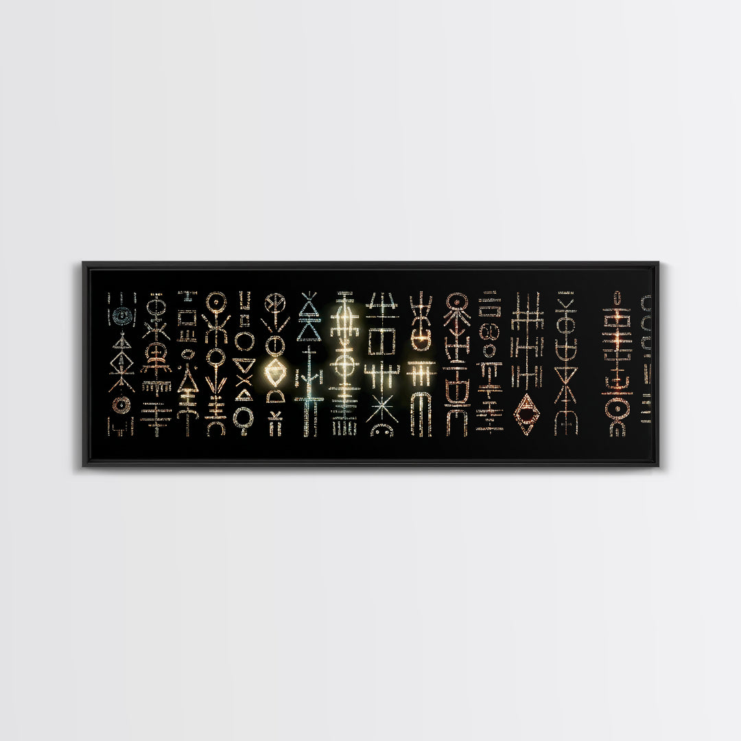 Illuminated African Tribal Icons Wall Art, Gold And Teal Symbol Pattern, Afrocentric Decor, Modern Cultural Art Print Gift