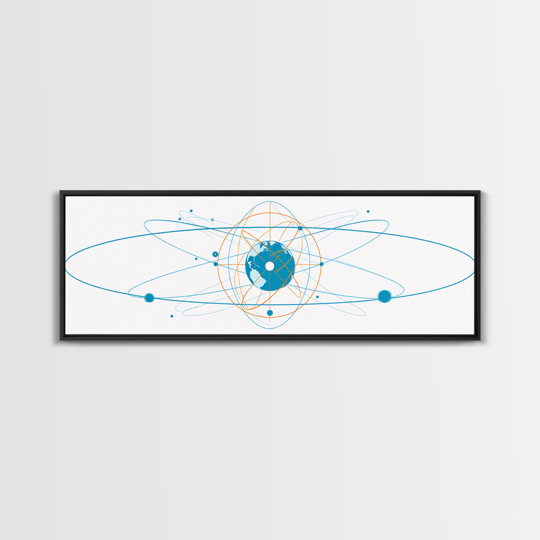 Blue Orange Atomic Globe Orbit Canvas Print, Modern Science Wall Art, Geometric Digital Art, Futuristic Office Decor Print