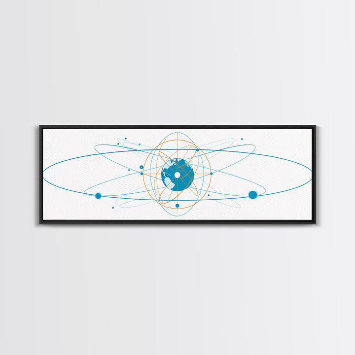 Blue Orange Atomic Globe Orbit Canvas Print, Modern Science Wall Art, Geometric Digital Art, Futuristic Office Decor Print