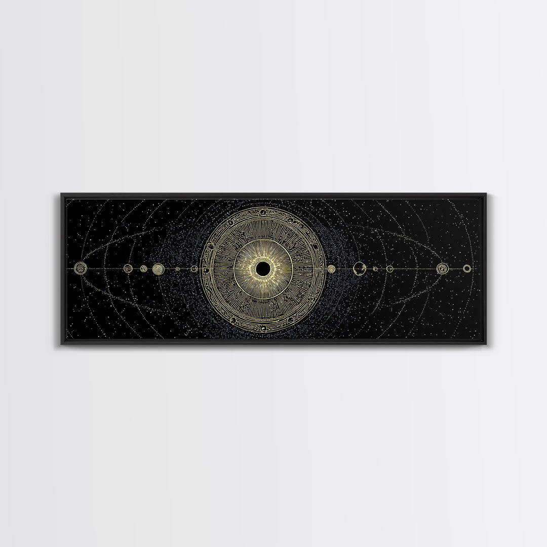 Golden Sacred Geometry Solar System Canvas Print, Celestial Mandala Wall Decor, Luxury Astronomy Poster, Boho Home Decor