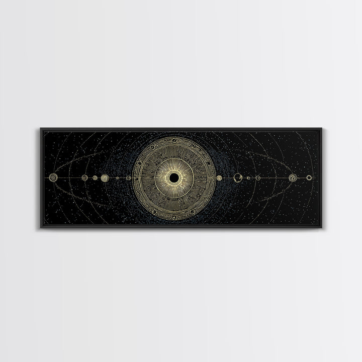 Golden Sacred Geometry Solar System Canvas Print, Celestial Mandala Wall Decor, Luxury Astronomy Poster, Boho Home Decor