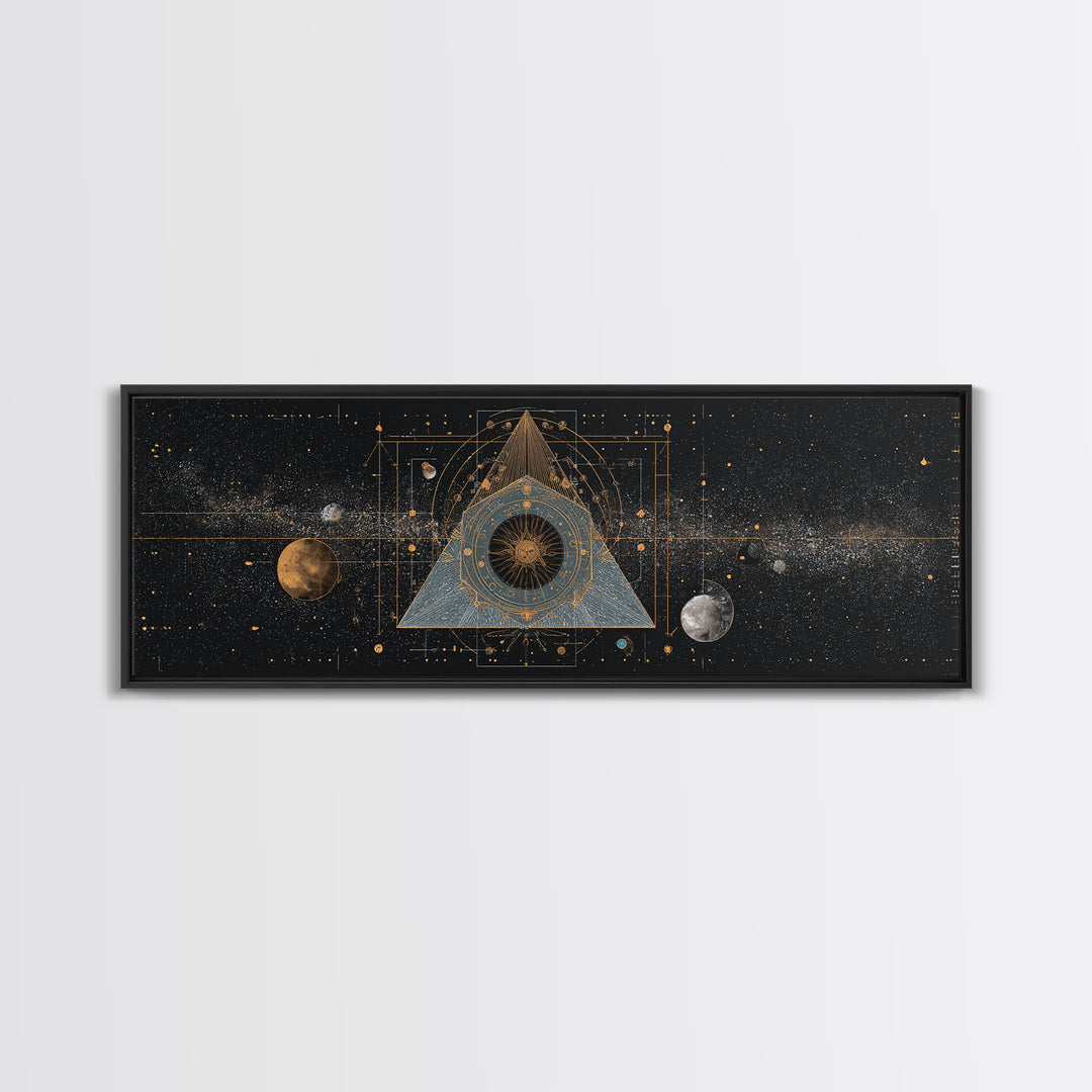 Mystic Planetary Triangle Framed Canvas Print, Gold Celestial Space Wall Art, Sacred Geometry Poster, Modern Home Decor Gift