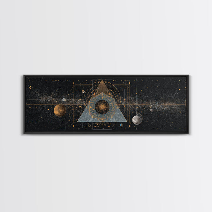 Mystic Planetary Triangle Framed Canvas Print, Gold Celestial Space Wall Art, Sacred Geometry Poster, Modern Home Decor Gift