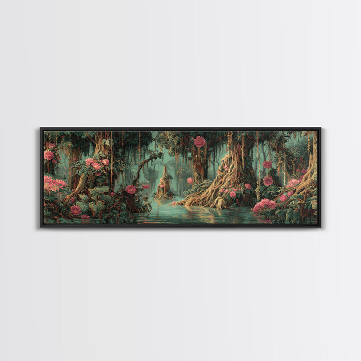 Enchanted Swamp With Pink Blooms Framed Canvas Print, Mystical Jungle Wall Art, Floral Nature Scene, Boho Home Decor Gift