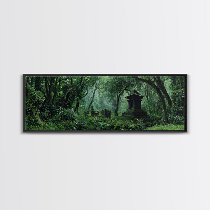 Ancient Jungle Tomb And Forest Ruins Framed Canvas Print, African Landscape, Mystical Wall Art, Dark Green Office Decor Gift