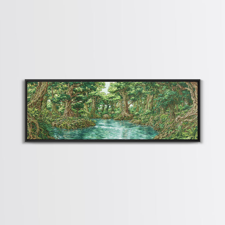 Turquoise River Through Lush African Jungle Canvas Print, Nature Scene Art, Safari Wall Decor, Green Boho Living Room Art
