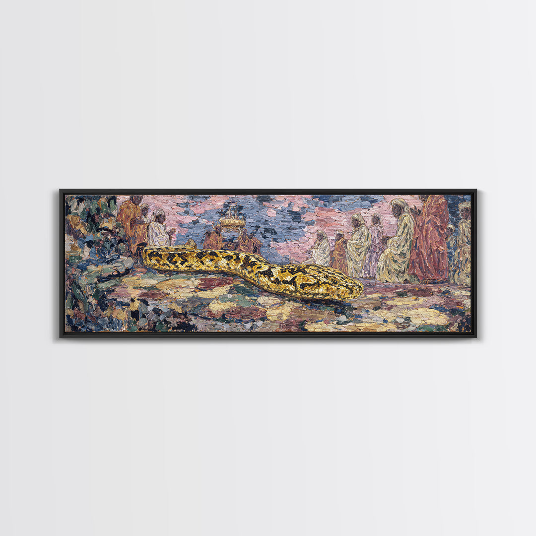 Golden Python Ceremony African Painting Canvas Print, Tribal Art Decor, Cultural Wall Art, Snake Portrait Statement Decor