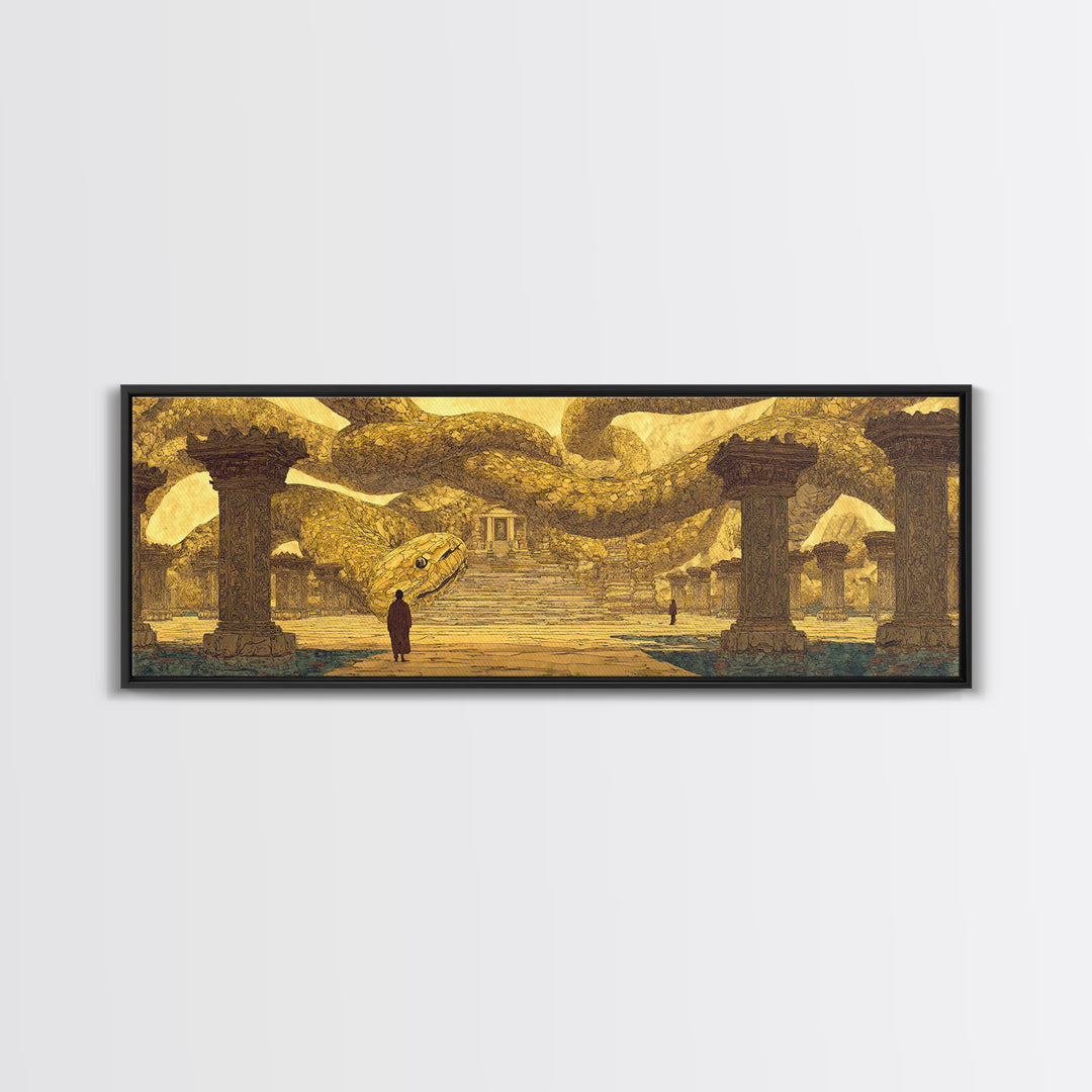 Ancient Golden Serpent Temple Wall Art, African Egyptian Art, Mythic Snake Decor, Luxury Canvas Print For Statement Room