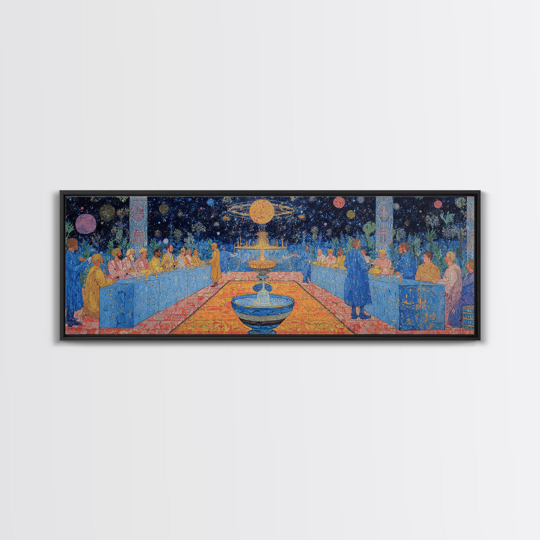 Celestial Banquet And Fountain Garden Canvas Print, African Inspired Wall Art, Dreamy Blue Celebration Decor Gift For Home