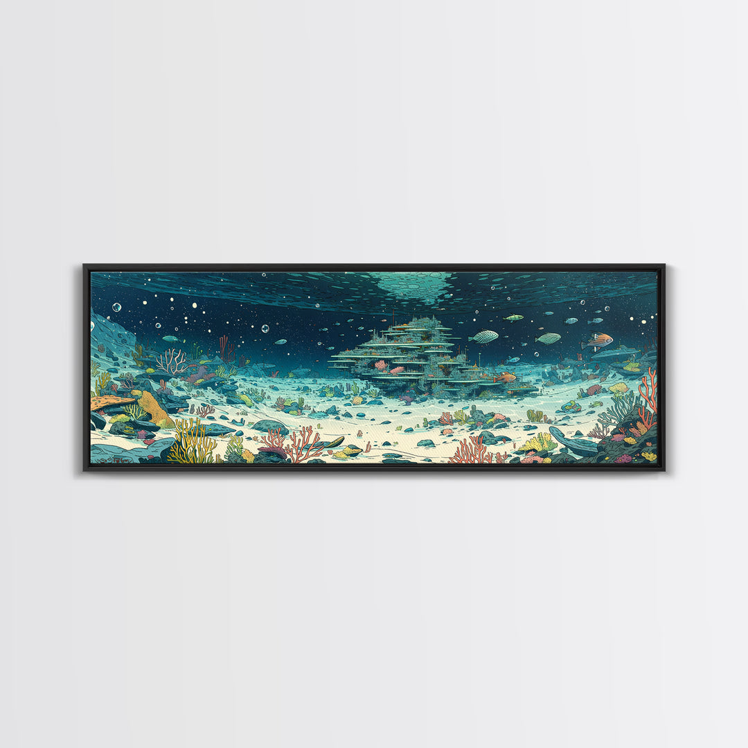 Underwater Coral Reef City With Fish Canvas Print, Ocean Wall Art, Beach Art, Blue Nature Scene, Coastal Home Decor Gift