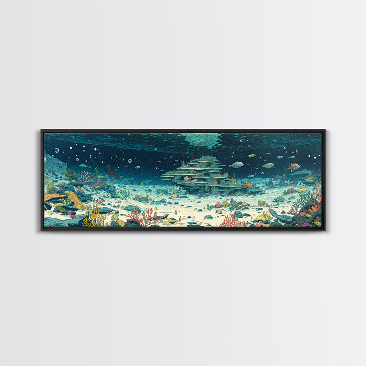 Underwater Coral Reef City With Fish Canvas Print, Ocean Wall Art, Beach Art, Blue Nature Scene, Coastal Home Decor Gift