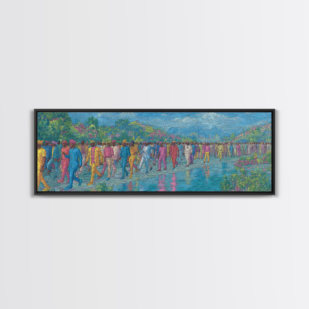 Colorful Riverside Crowd Abstract Wall Art, African Inspired Canvas Print, Modern Art, Vibrant Home Decor, Large Wall Art