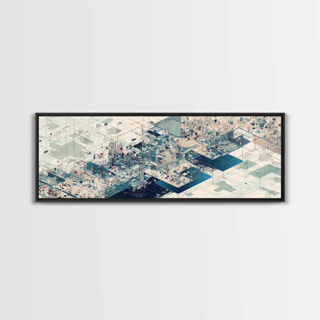 Isometric Futuristic City Grid Wall Art, Digital Art Canvas Print, Modern Office Decor, Geometric Wall Art, Tech Blue Art