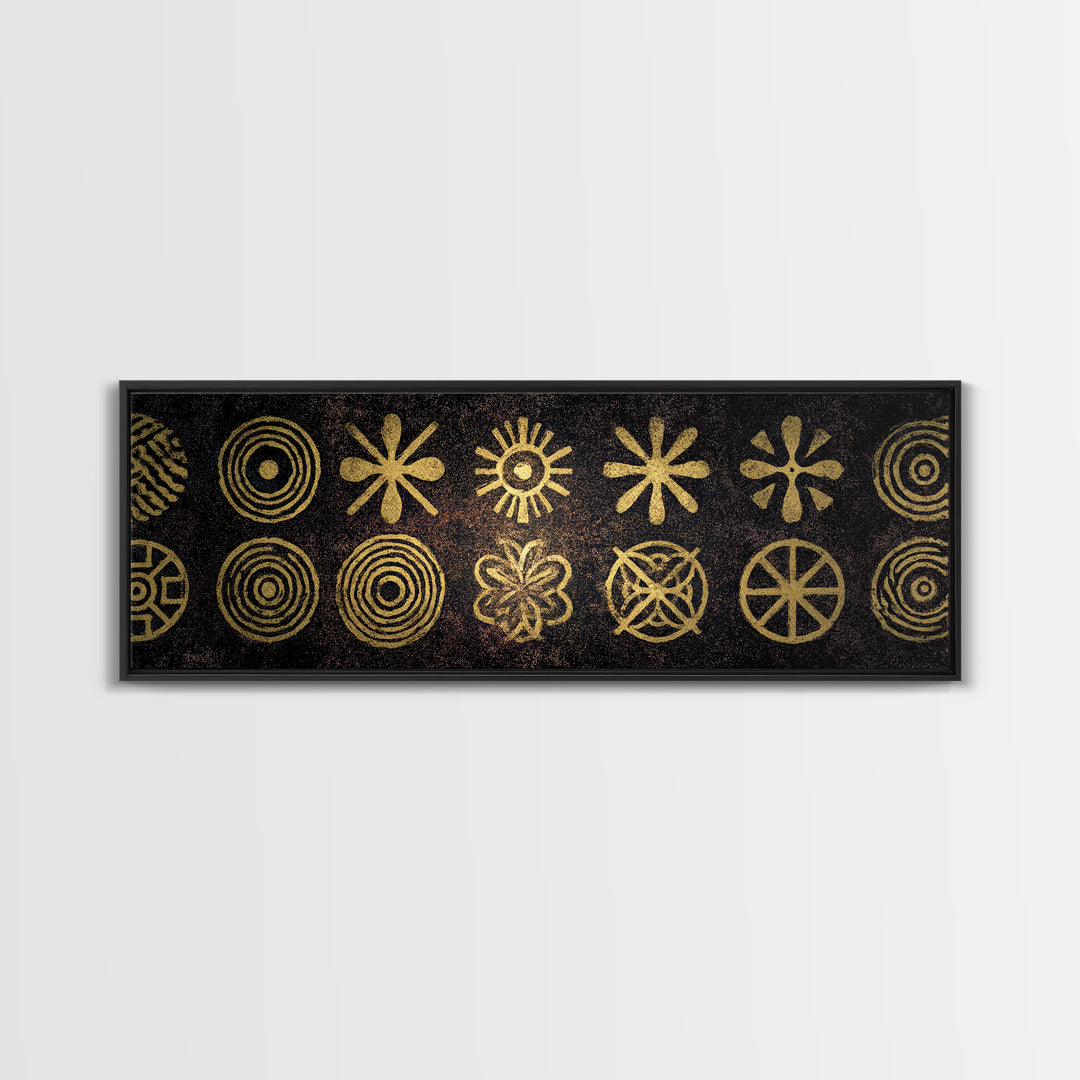 Gold Tribal Symbol Pattern Canvas Print, African Tribal Art, African Patterns, Black And Gold Art, Cultural Wall Decor, Boho Decor