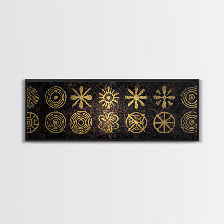 Gold Tribal Symbol Pattern Canvas Print, African Tribal Art, African Patterns, Black And Gold Art, Cultural Wall Decor, Boho Decor