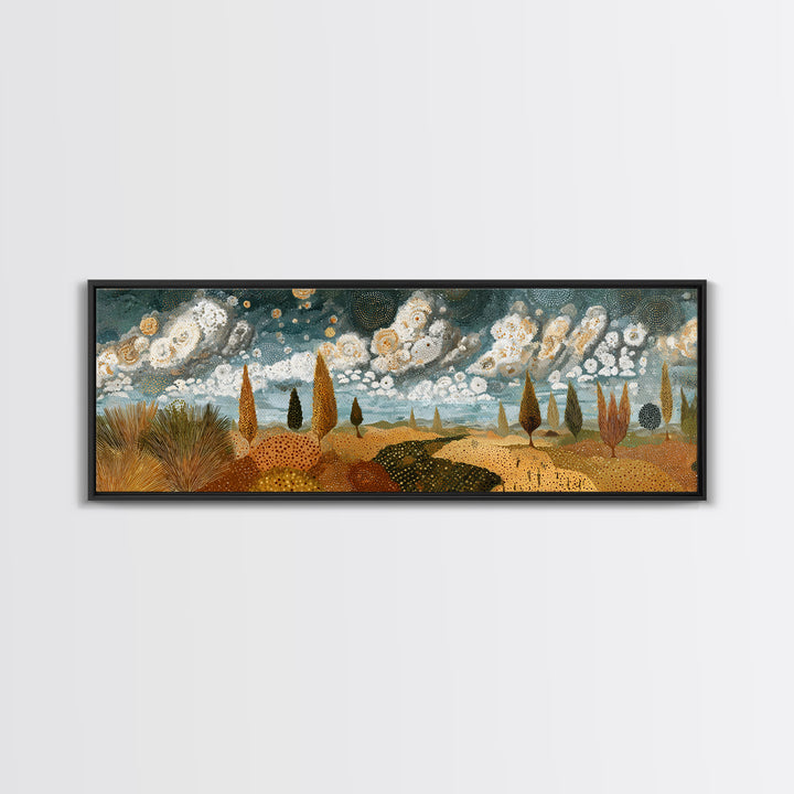 Golden African Savanna Hills Wall Art, Abstract Storm Cloud Landscape, Earth Tone Canvas Decor, Boho Living Room Art Print