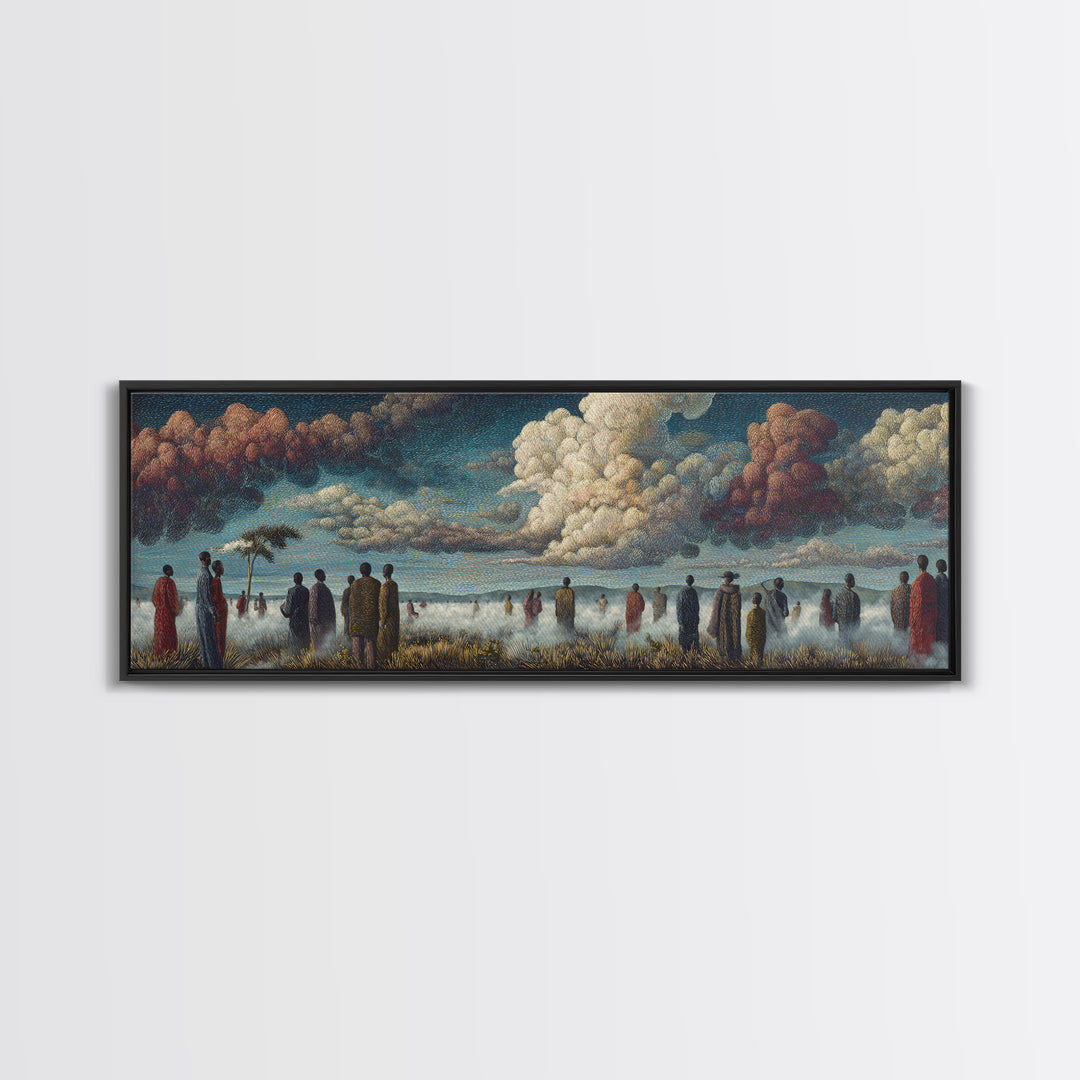 Misty African Gathering Wall Art, Dramatic Cloud Lake Landscape, Afrocentric Canvas Decor, Cultural Living Room Print Gift