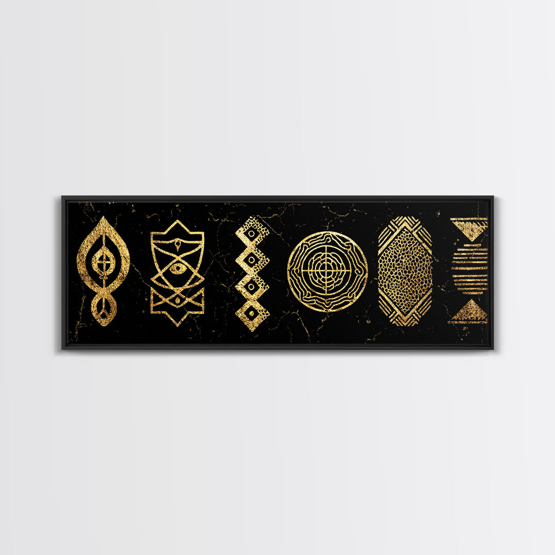 Gold Tribal Symbols Canvas Print, African Geometric Pattern Wall Decor, Abstract Black And Gold Art, Modern Ethnic Decor