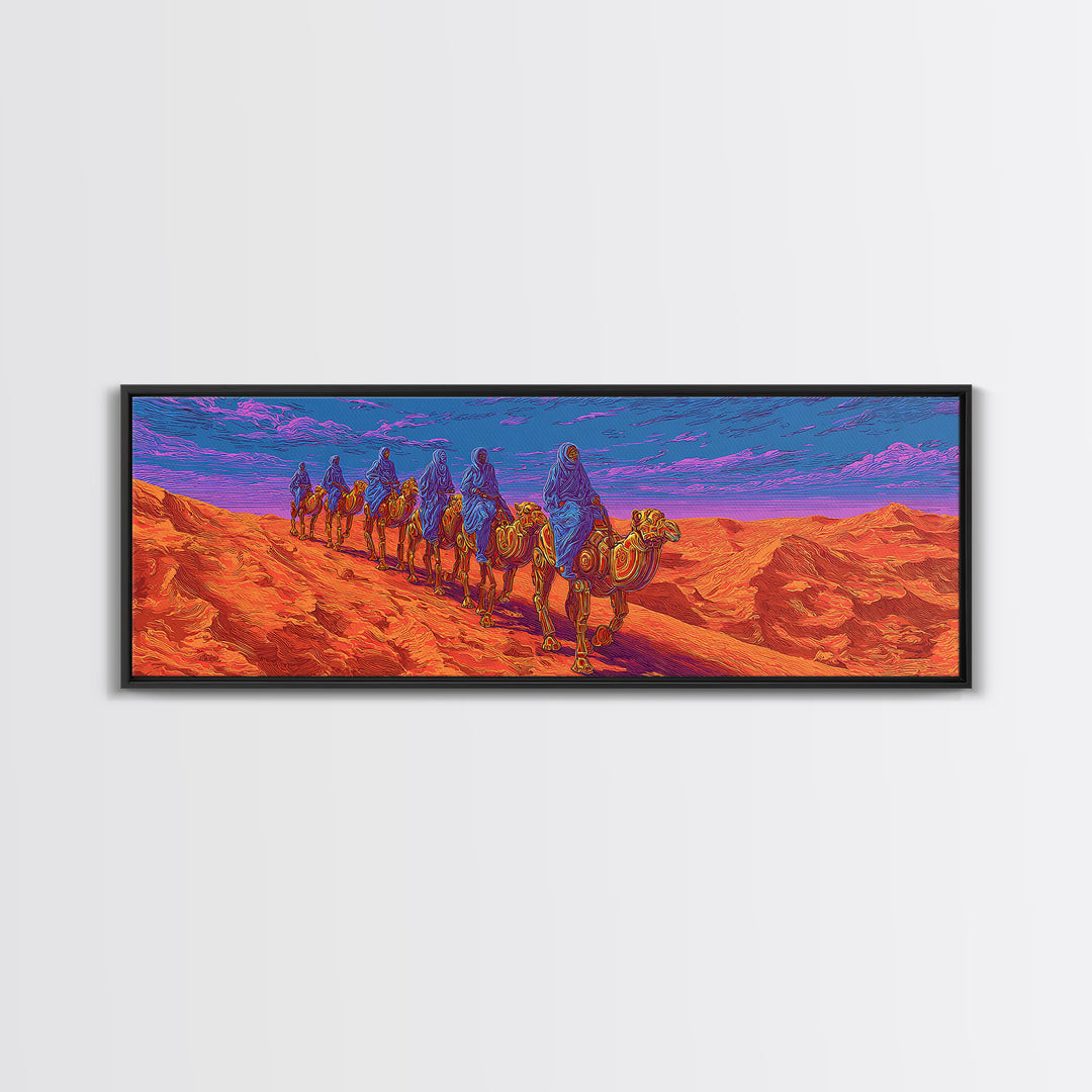 Vibrant Camel Caravan In Orange Desert Mountains, African Safari Art Canvas Print, Serengeti Wall Decor, Travel Gift, Unique Home Decor