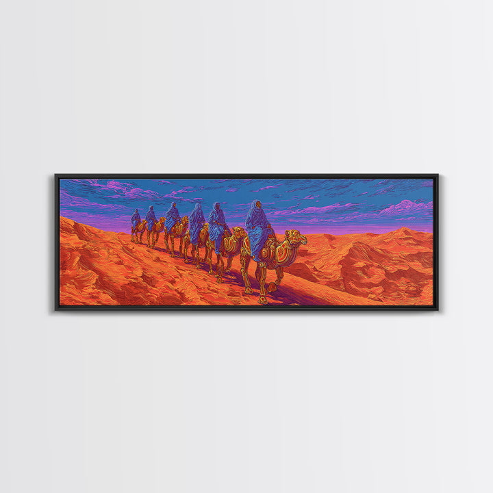 Vibrant Camel Caravan In Orange Desert Mountains, African Safari Art Canvas Print, Serengeti Wall Decor, Travel Gift, Unique Home Decor