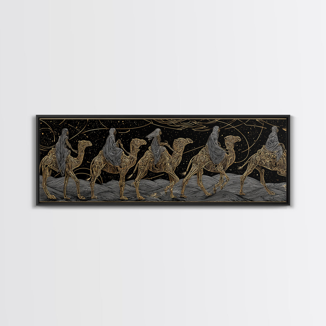 Gold Line Camel Caravan Under Celestial Night, African Safari Art Canvas Print, Black And Gold Art, Bohemian Wall Decor Gift
