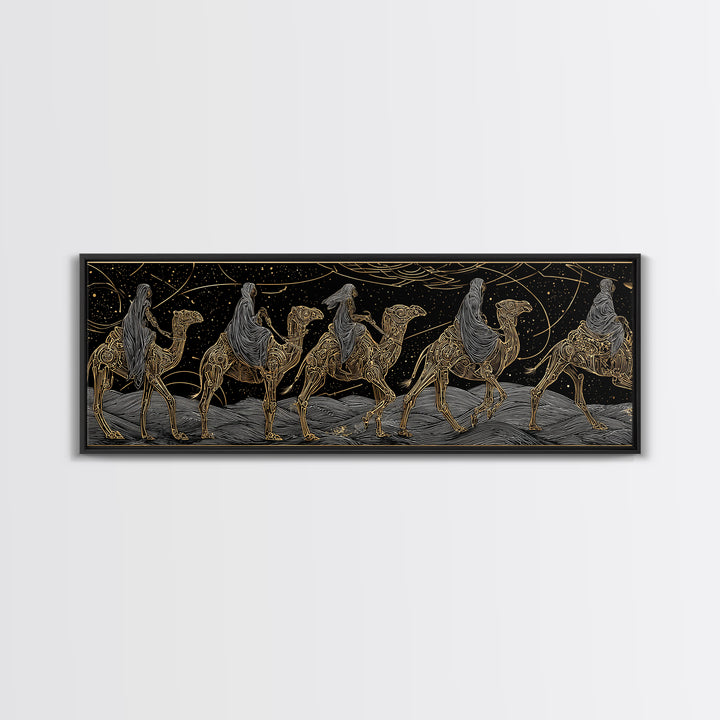 Gold Line Camel Caravan Under Celestial Night, African Safari Art Canvas Print, Black And Gold Art, Bohemian Wall Decor Gift