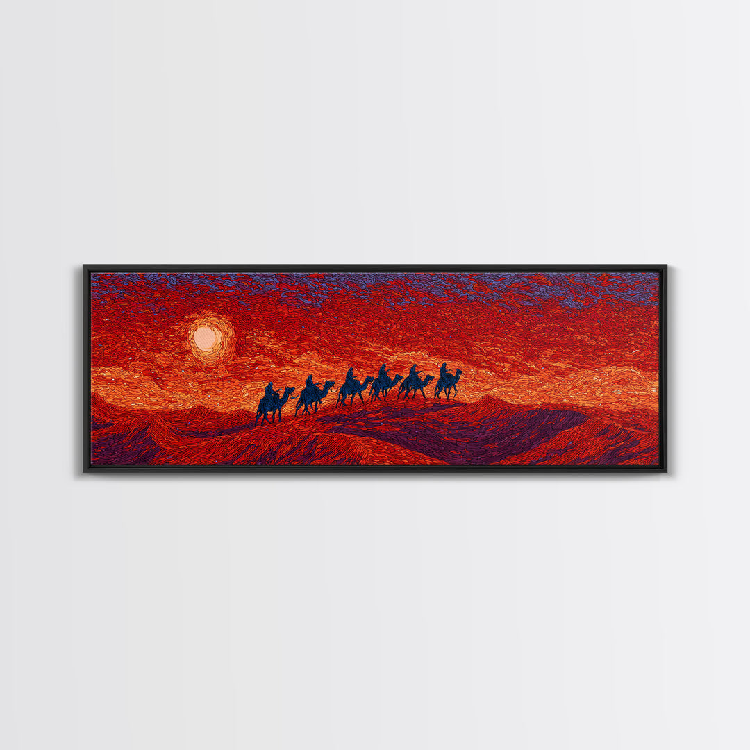 Fiery Sunset Camel Caravan Silhouettes Over Dunes, African Safari Art Canvas Print, Burnt Orange Wall Decor, Travel Gift