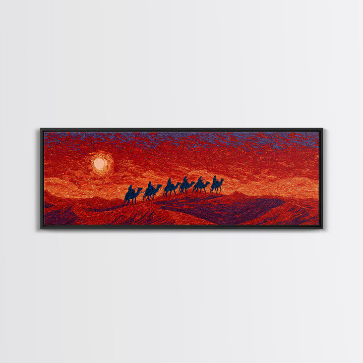 Fiery Sunset Camel Caravan Silhouettes Over Dunes, African Safari Art Canvas Print, Burnt Orange Wall Decor, Travel Gift