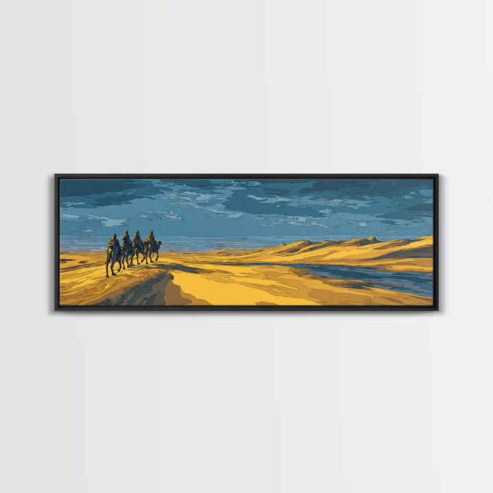 Blue And Gold Desert Riders By Water, African Safari Art Wall Art, Serengeti Landscape, Modern Home Decor, Unique Travel Gift