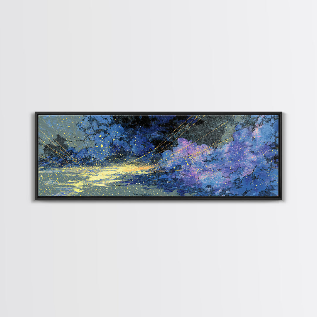 Blue Gold Cosmic Waves With Starry Light, African Abstract Wall Art, Modern Canvas Art, Dreamy Wall Decor, Luxury Home Decor