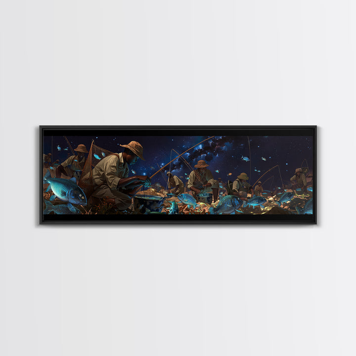 Glowing Blue Fish Night Market Canvas Print, African Fishermen Wall Art, Afrofuturism Decor, Contemporary Gallery Art Gift
